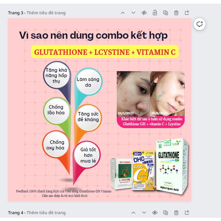 Combo siêu trắng da 180 viên Glutathione GH Vinacao - Vitamin C DHC - L-cystine USA dùng trong 1 tháng