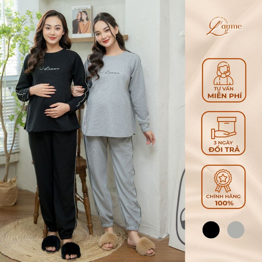 Bộ đồ bầu thu đông Bộ WIN áo nỉ cổ tròn kèm quần bo gấu phối viền phong cách thể thao thiết kế by Lamme