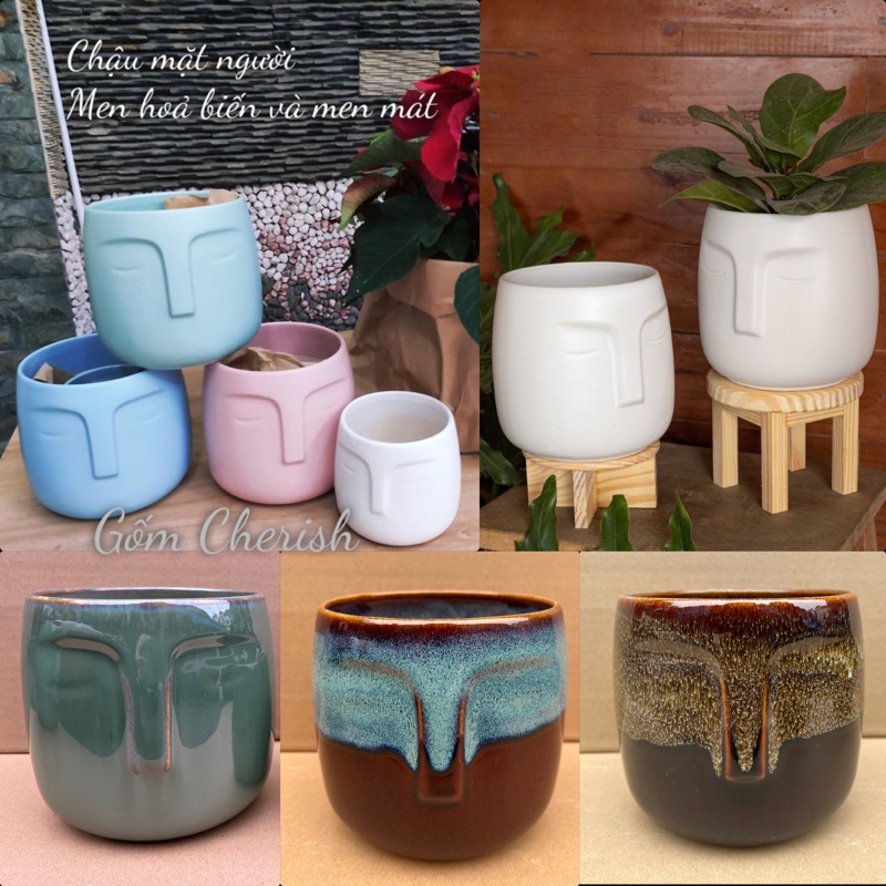 Chậu mặt người, men hoả biến lạ, trồng cây cảnh, bon sai sen đá xương rồng