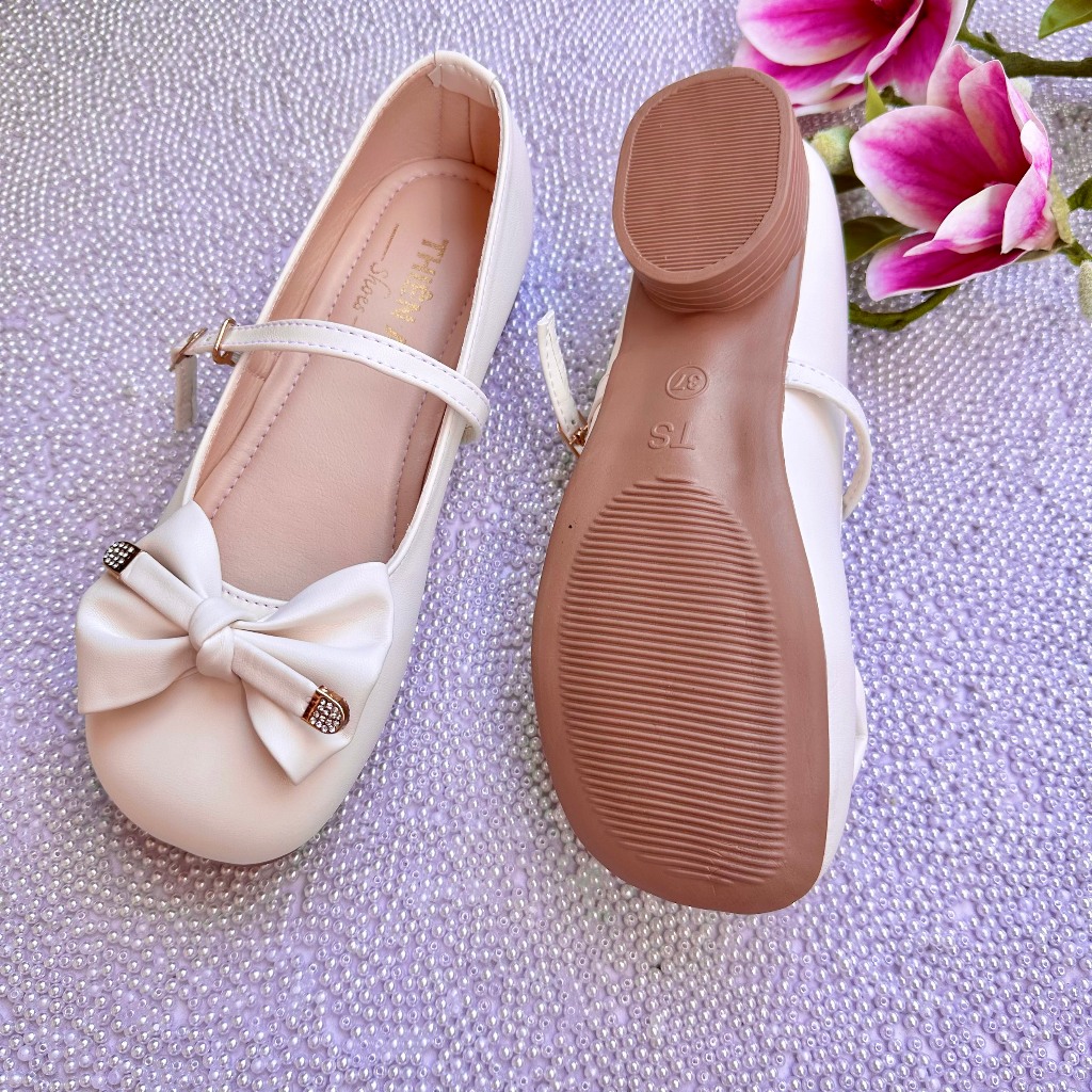 Giày búp bê nữ da mềm phối nơ đế cao su dẻo 3cm Thiên An TA27