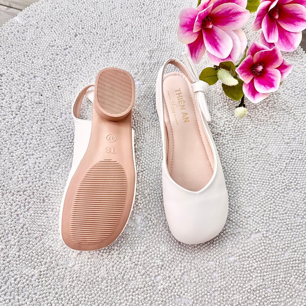 Giày slingback gót cao su dẻo chống trơn trượt 3cm chất da mềm phối nơ sau Thiên An TA29