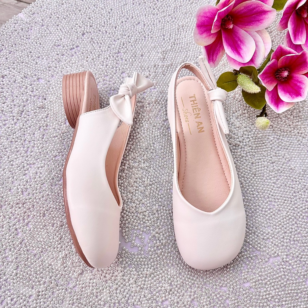 Giày slingback gót cao su dẻo chống trơn trượt 3cm chất da mềm phối nơ sau Thiên An TA29