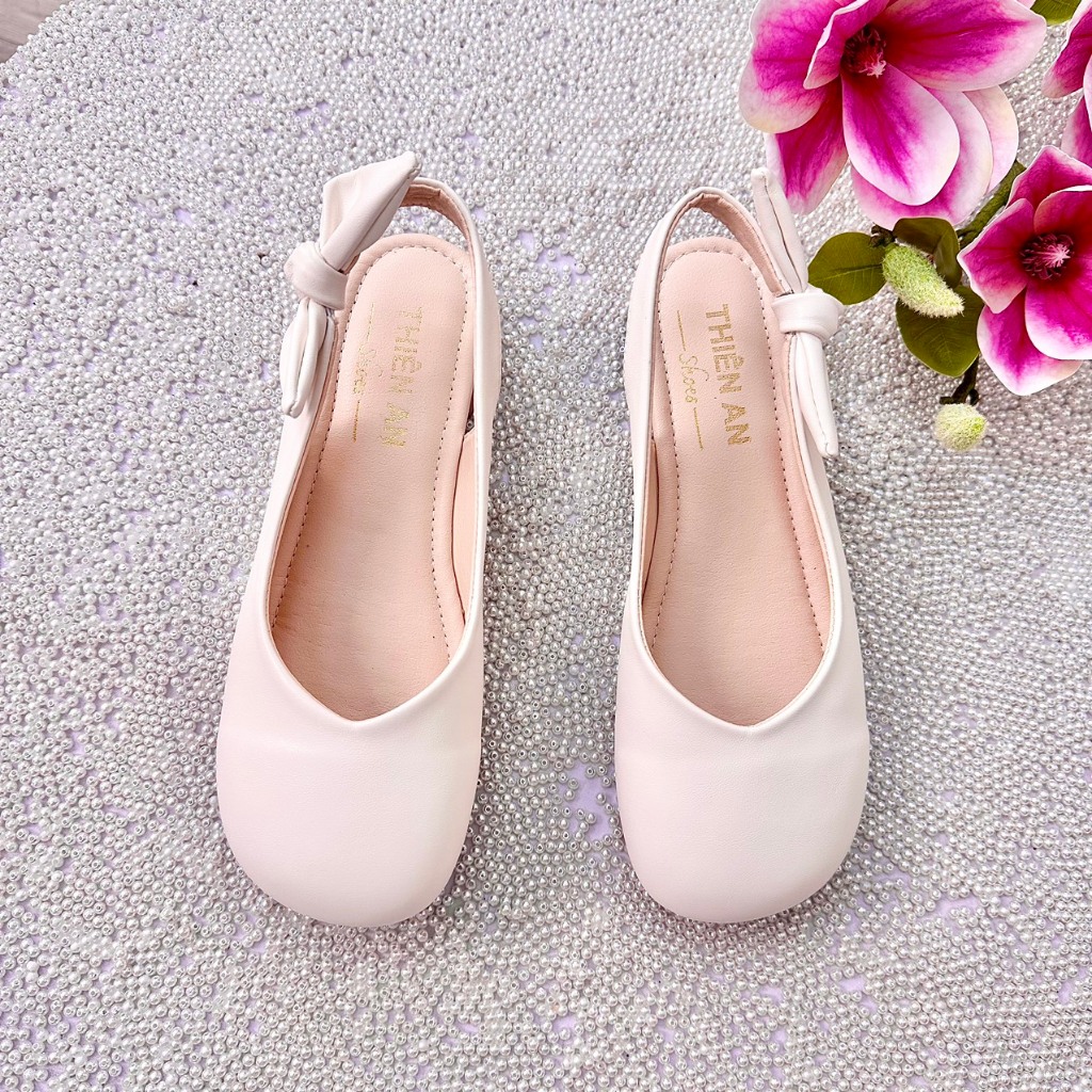 Giày slingback gót cao su dẻo chống trơn trượt 3cm chất da mềm phối nơ sau Thiên An TA29