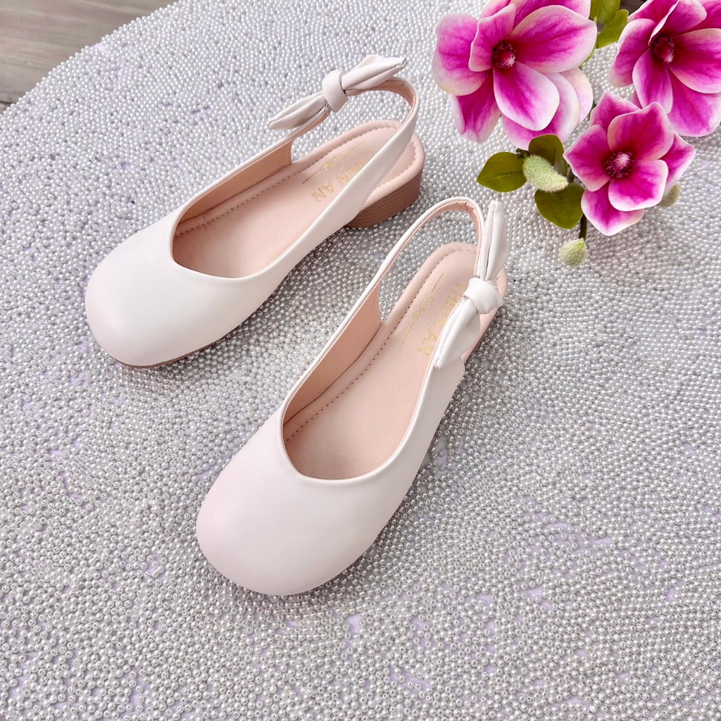 Giày slingback gót cao su dẻo chống trơn trượt 3cm chất da mềm phối nơ sau Thiên An TA29