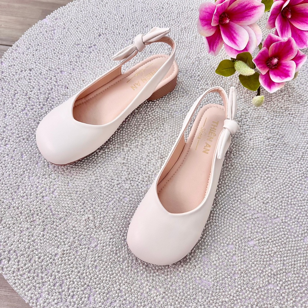 Giày slingback gót cao su dẻo chống trơn trượt 3cm chất da mềm phối nơ sau Thiên An TA29