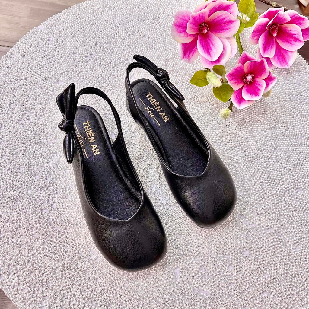Giày slingback gót cao su dẻo chống trơn trượt 3cm chất da mềm phối nơ sau Thiên An TA29