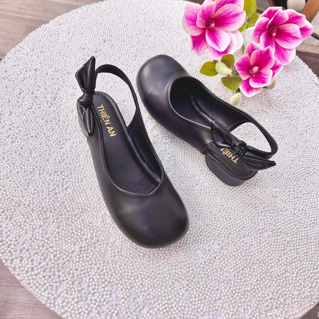 Giày slingback gót cao su dẻo chống trơn trượt 3cm chất da mềm phối nơ sau Thiên An TA29