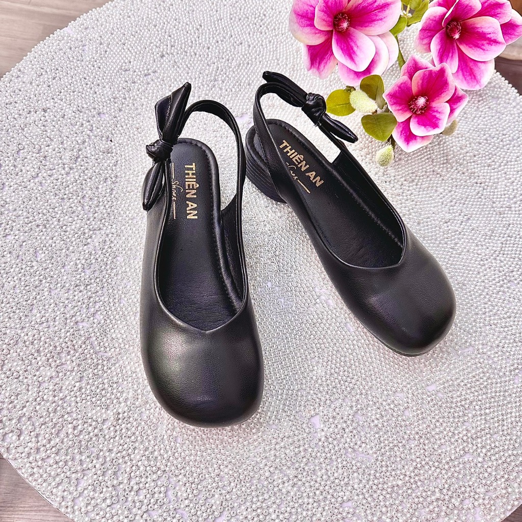 Giày slingback gót cao su dẻo chống trơn trượt 3cm chất da mềm phối nơ sau Thiên An TA29