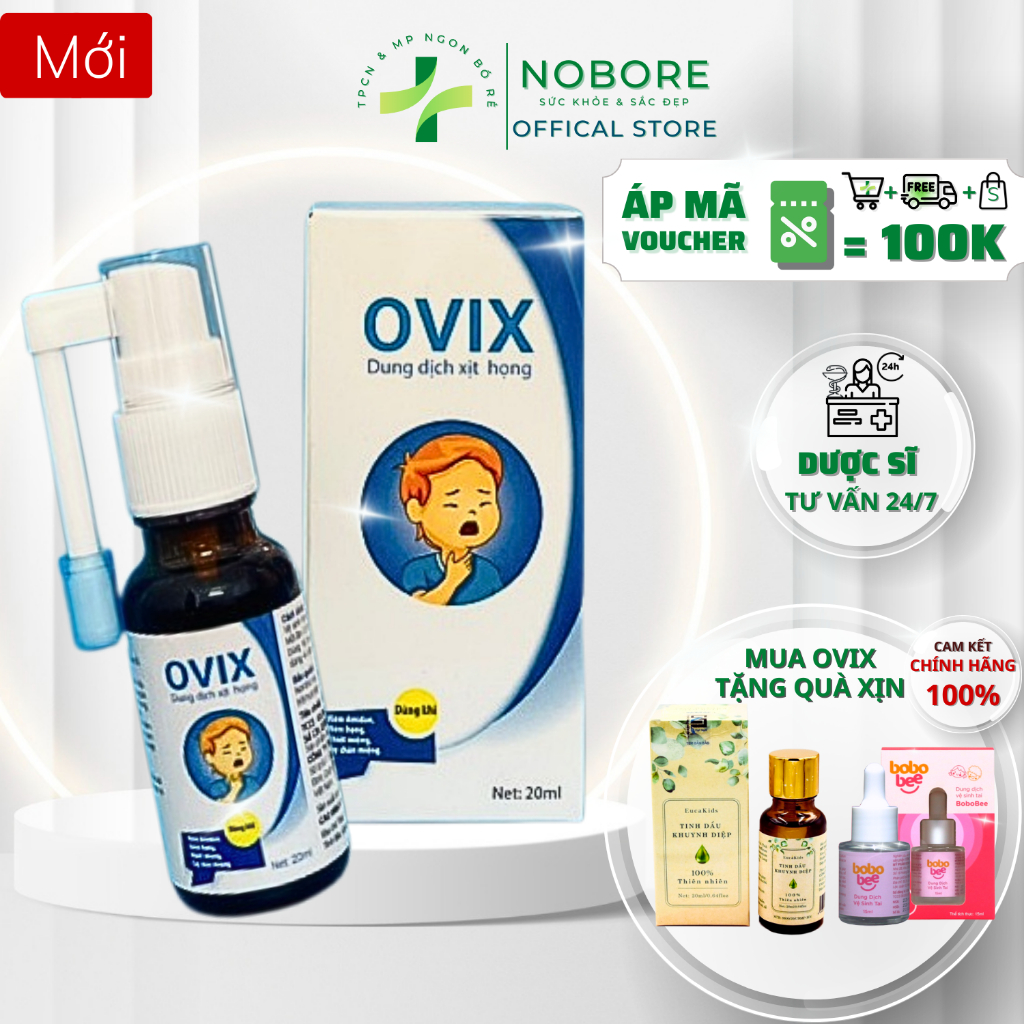 Xịt Họng Trẻ Em Ovix 20ml Chứa Ectoin, Nano Ag+ Hỗ Trợ Giảm Viêm Họng, Làm Sạch Hầu Họng | [NOBORE]