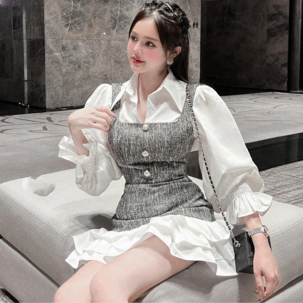 Set dạ áo sơ mi + chân váy 3 tầng xinh xắn set đồ nữ đi chơi dạo phố sang chảnh Miaclothing S56