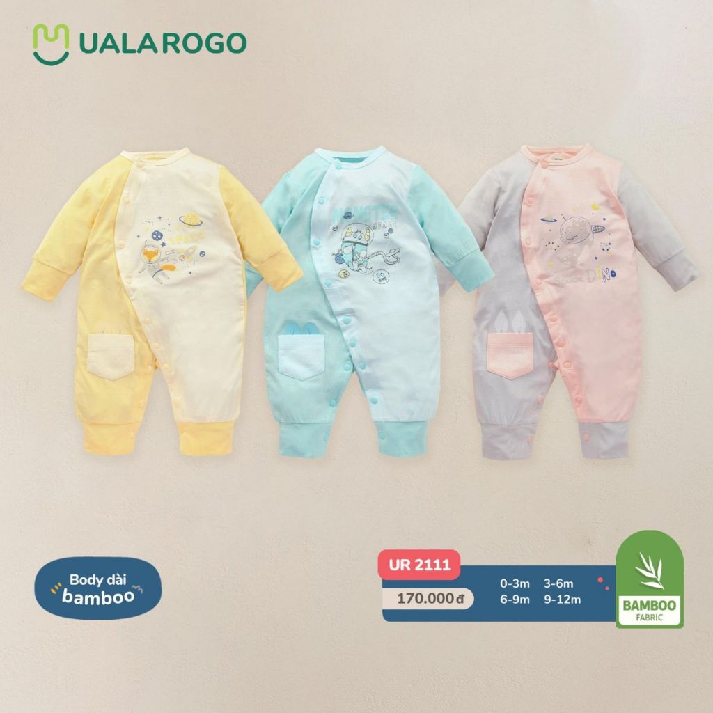 Bodysuit cho bé sơ sinh Ualarogo 0 - 12 tháng vải Sợi tre Bamboo cài chéo dài tay ấm áp thoáng khí 2111