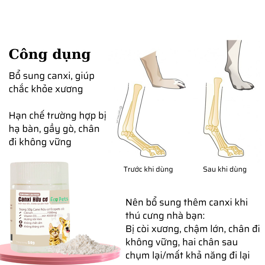 Bột canxi vitamin hữu cơ cho chó mèo dễ hấp thu giúp tăng miễn dịch, phát triển xương, tăng khả năng hấp thu Ecopets