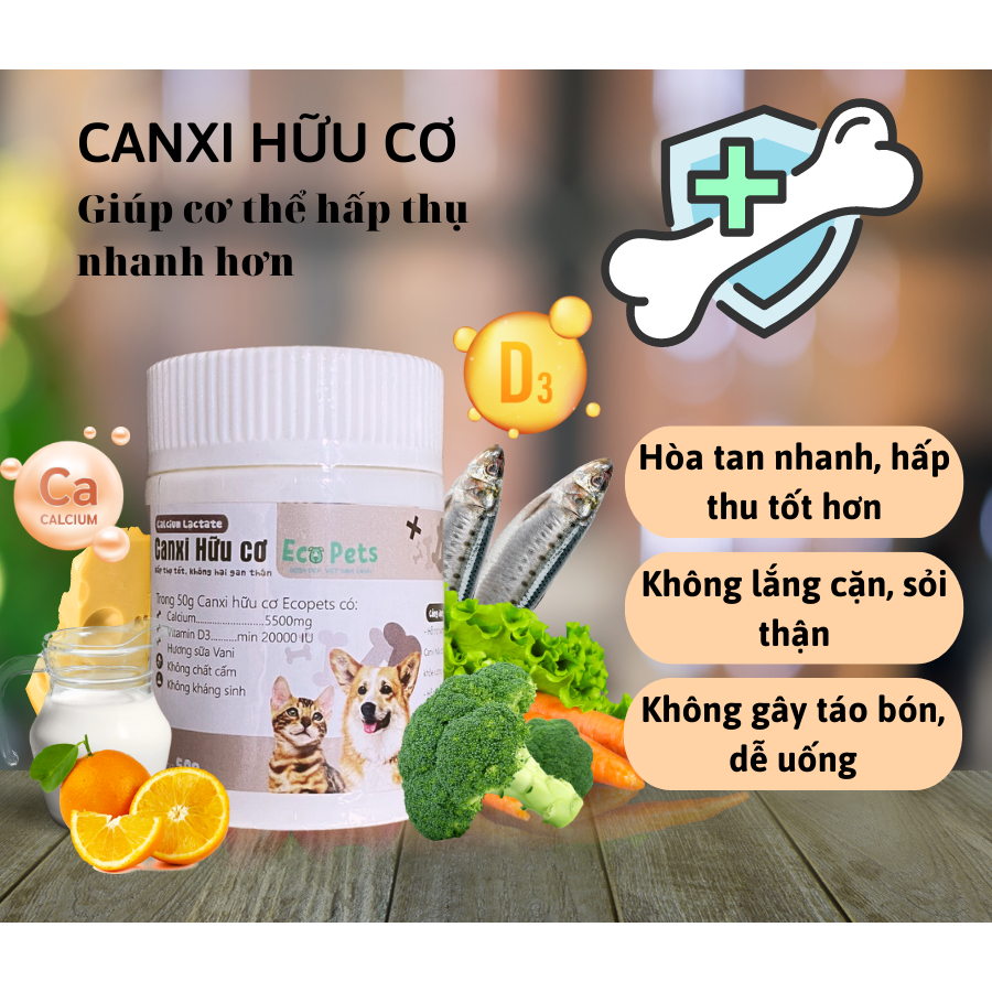 Bột canxi vitamin hữu cơ cho chó mèo dễ hấp thu giúp tăng miễn dịch, phát triển xương, tăng khả năng hấp thu Ecopets