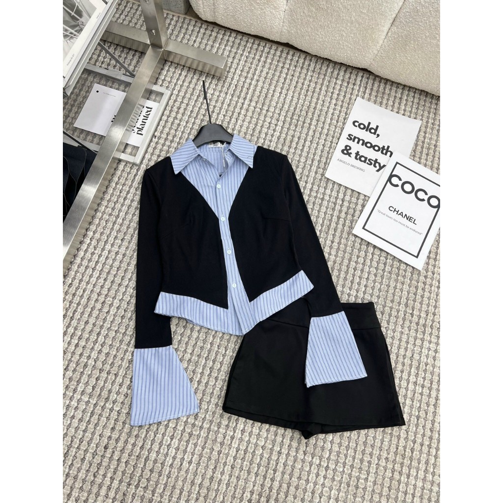 Set áo sơ mi kẻ phối mà kèm chân váy ngắn, Áo thun tay dài phối sơ mi vạt nhọn kèm chân váy chữ A thiết kế cao cấp LOẠI1
