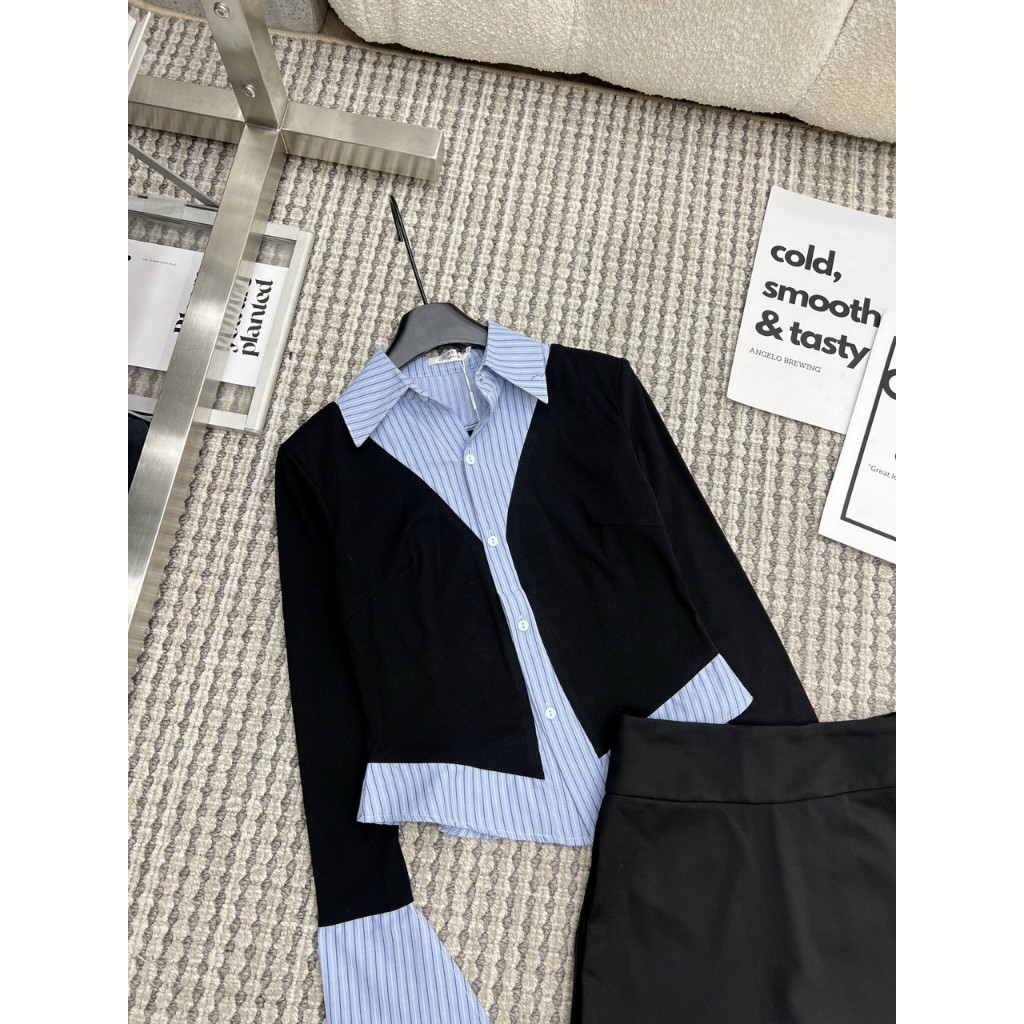 Set áo sơ mi kẻ phối mà kèm chân váy ngắn, Áo thun tay dài phối sơ mi vạt nhọn kèm chân váy chữ A thiết kế cao cấp LOẠI1