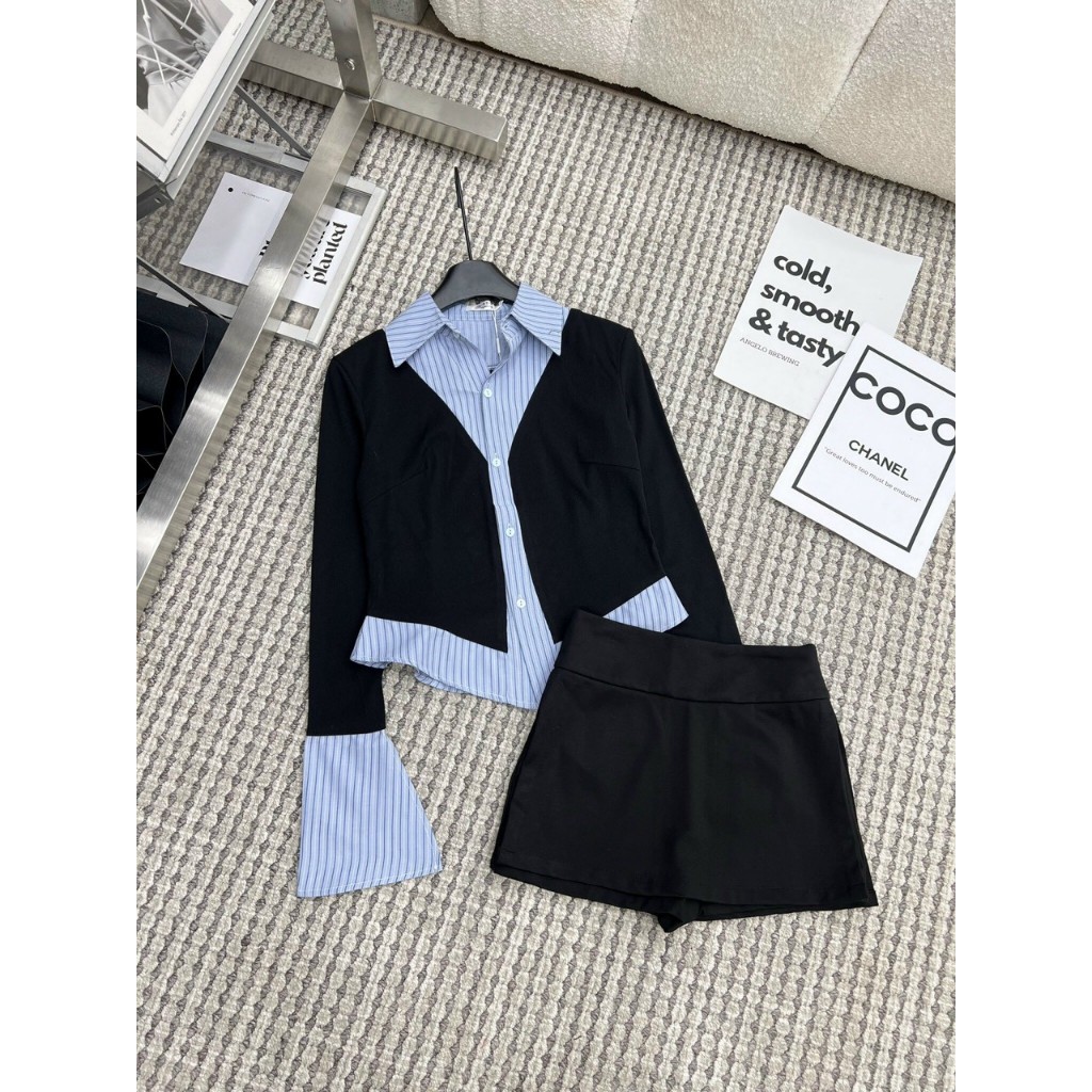 Set áo sơ mi kẻ phối mà kèm chân váy ngắn, Áo thun tay dài phối sơ mi vạt nhọn kèm chân váy chữ A thiết kế cao cấp LOẠI1