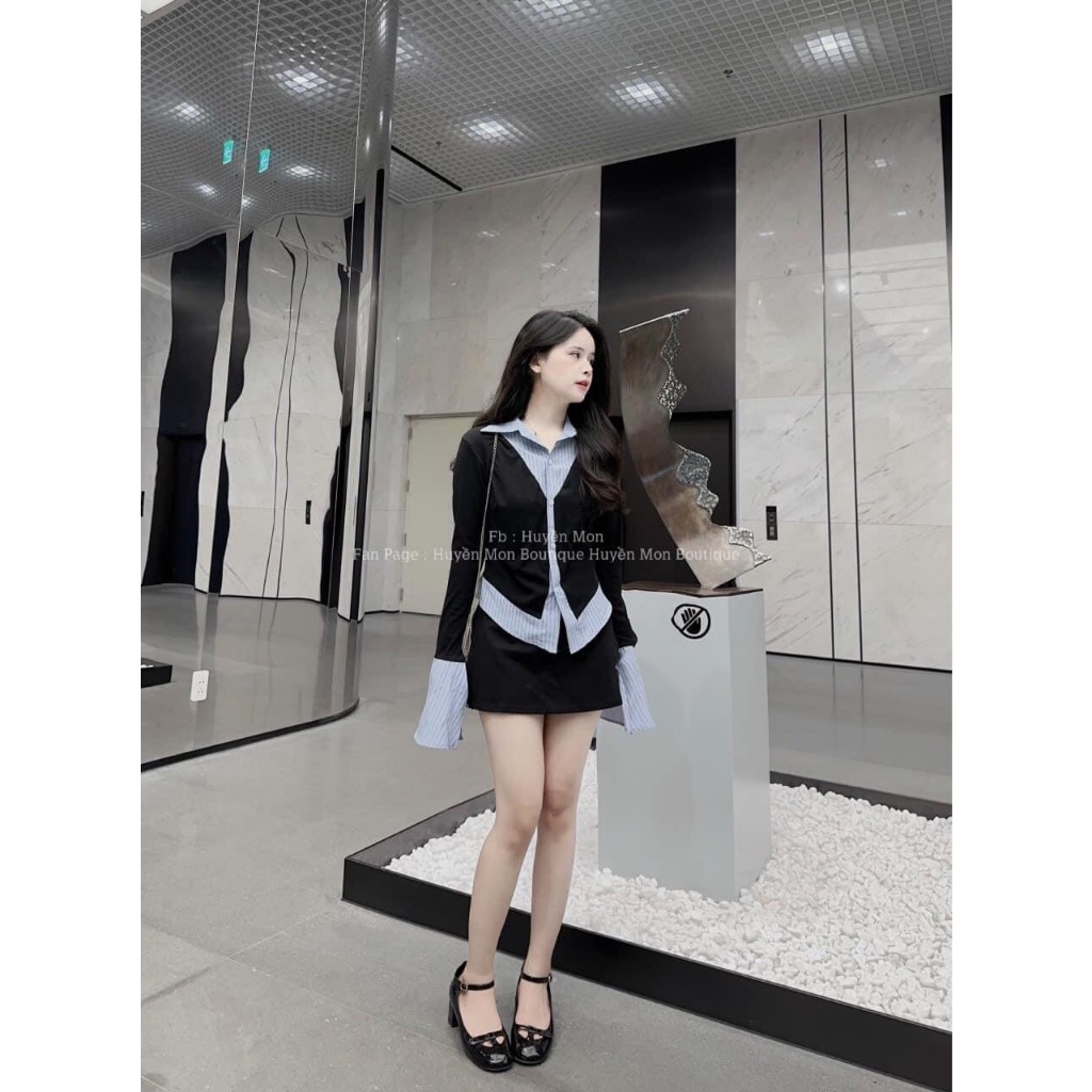 Set áo sơ mi kẻ phối mà kèm chân váy ngắn, Áo thun tay dài phối sơ mi vạt nhọn kèm chân váy chữ A thiết kế cao cấp LOẠI1