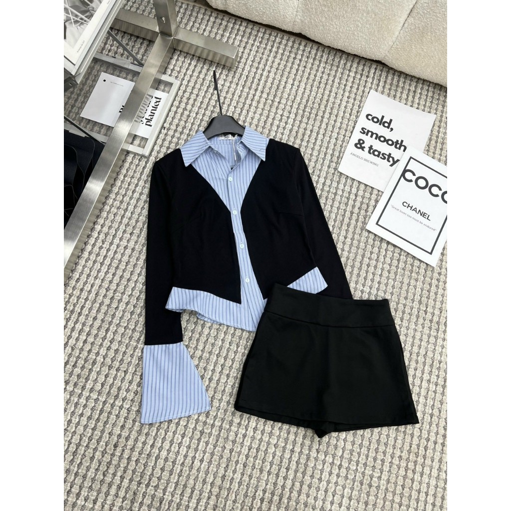 Set áo sơ mi kẻ phối mà kèm chân váy ngắn, Áo thun tay dài phối sơ mi vạt nhọn kèm chân váy chữ A thiết kế cao cấp LOẠI1