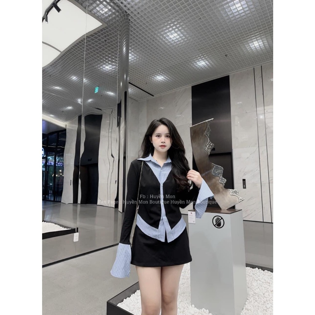 Set áo sơ mi kẻ phối mà kèm chân váy ngắn, Áo thun tay dài phối sơ mi vạt nhọn kèm chân váy chữ A thiết kế cao cấp LOẠI1