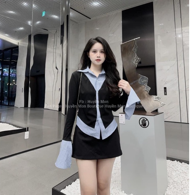 Set áo sơ mi kẻ phối mà kèm chân váy ngắn, Áo thun tay dài phối sơ mi vạt nhọn kèm chân váy chữ A thiết kế cao cấp LOẠI1