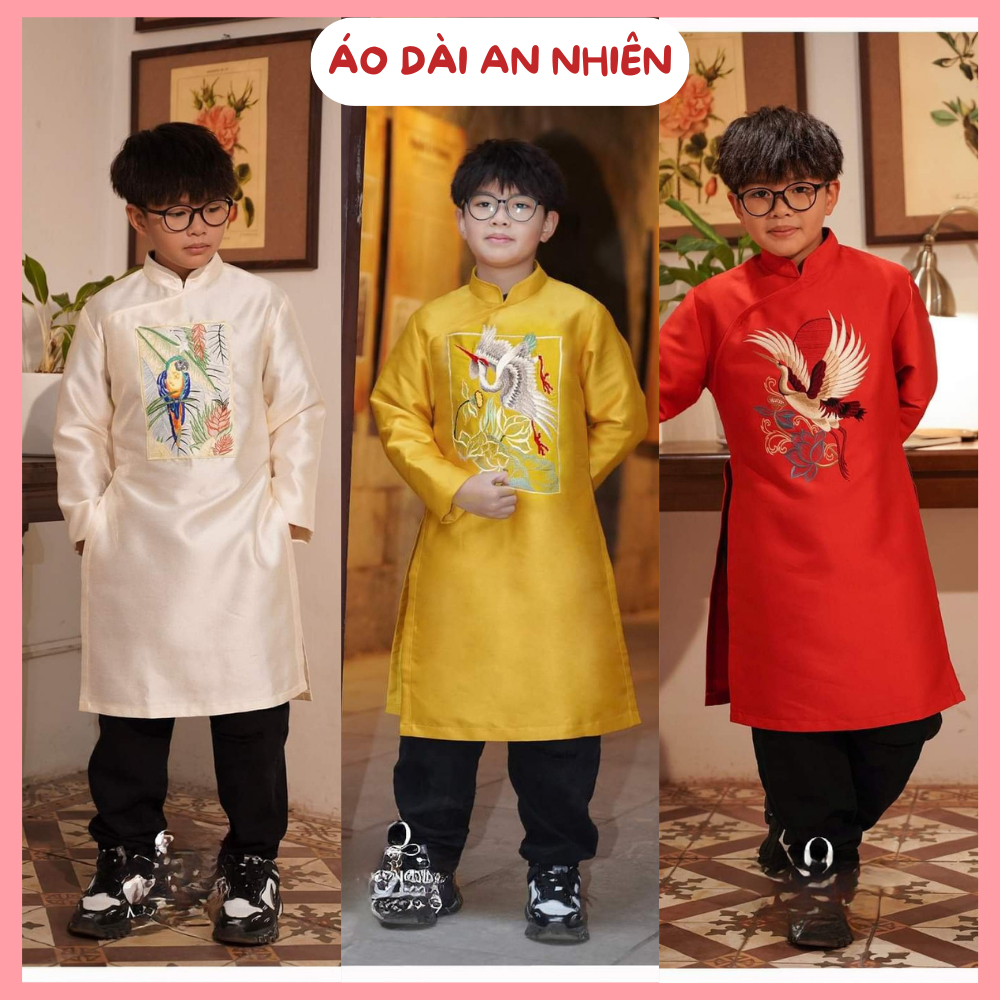 Áo dài cách tân bé trai chất liệu nhung tăm mềm mại cao cấp tay dài thêu hạc nghệ thuật - Áo dài An Nhiên - ADBT03