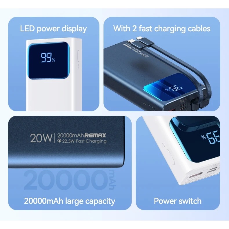 Pin sạc dự phòng Remax 535 20000mah sạc nhanh PD 22.5W có led báo dung lượng kèm dây