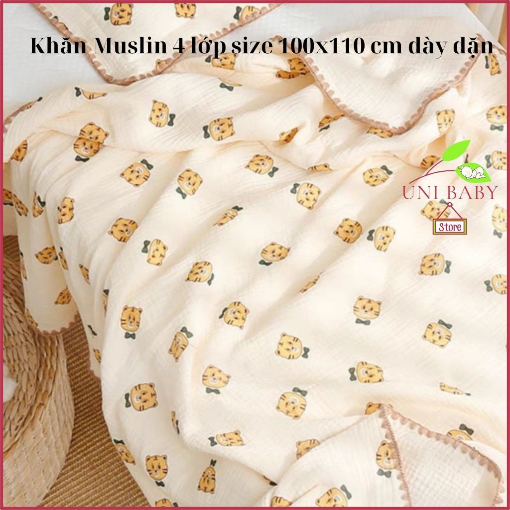 Khăn tắm muslin 4 lớp sợi tre mềm mại cho bé sơ sinh size lớn 100 x 110 cm Uni Baby A207