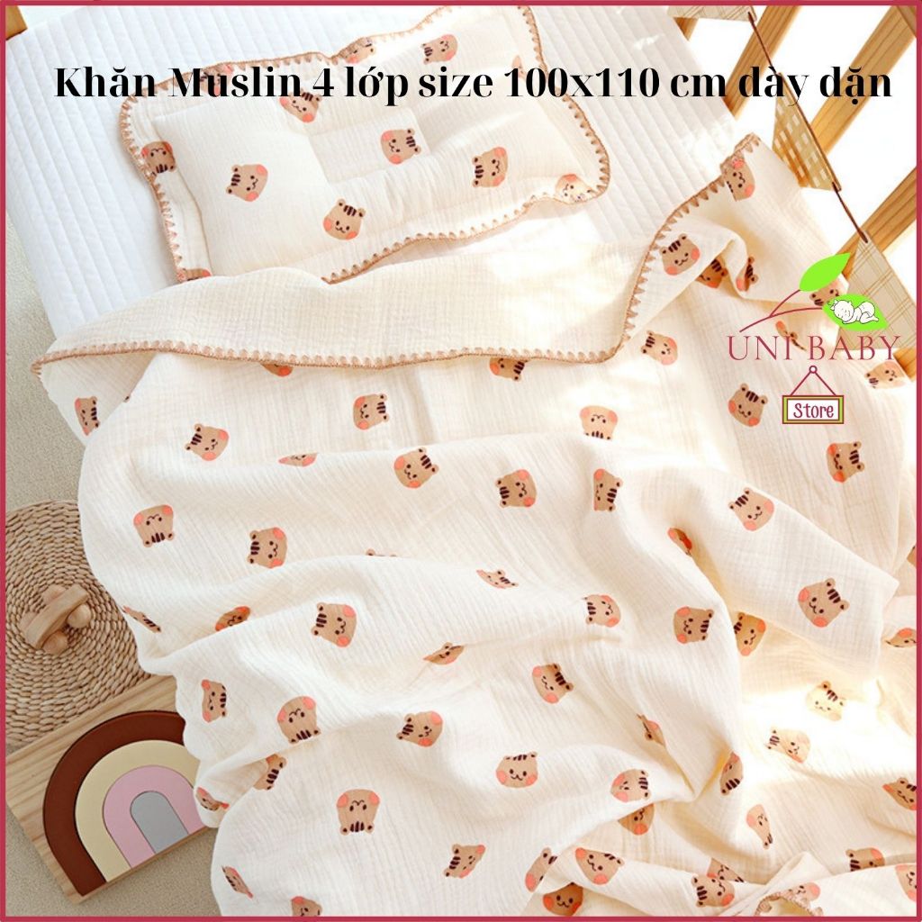 Khăn tắm muslin 4 lớp sợi tre mềm mại cho bé sơ sinh size lớn 100 x 110 cm Uni Baby A207