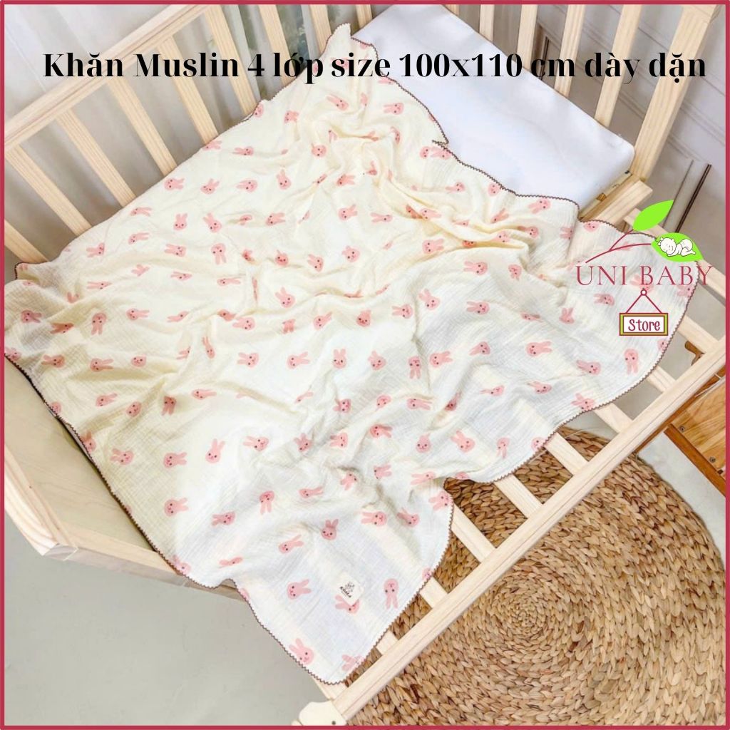 Khăn tắm muslin 4 lớp sợi tre mềm mại cho bé sơ sinh size lớn 100 x 110 cm Uni Baby A207