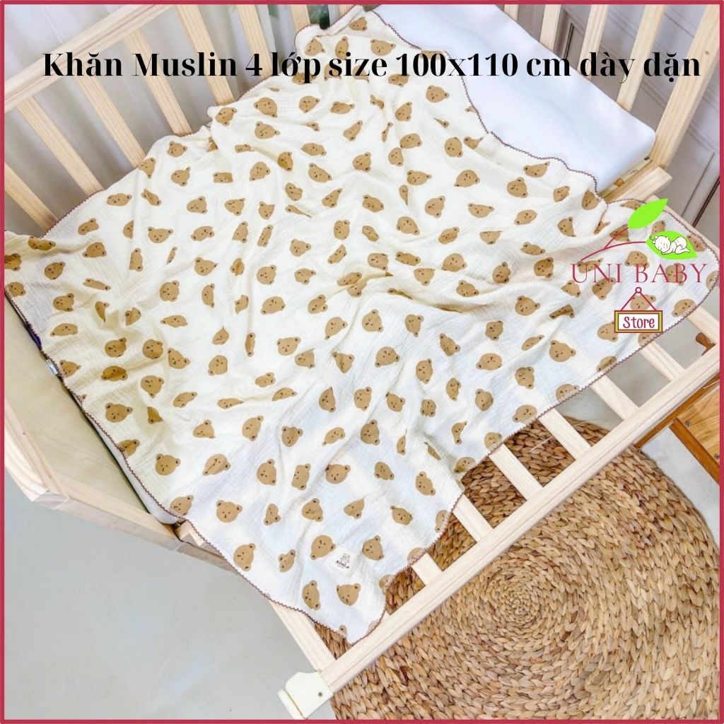 Khăn tắm muslin 4 lớp sợi tre mềm mại cho bé sơ sinh size lớn 100 x 110 cm Uni Baby A207