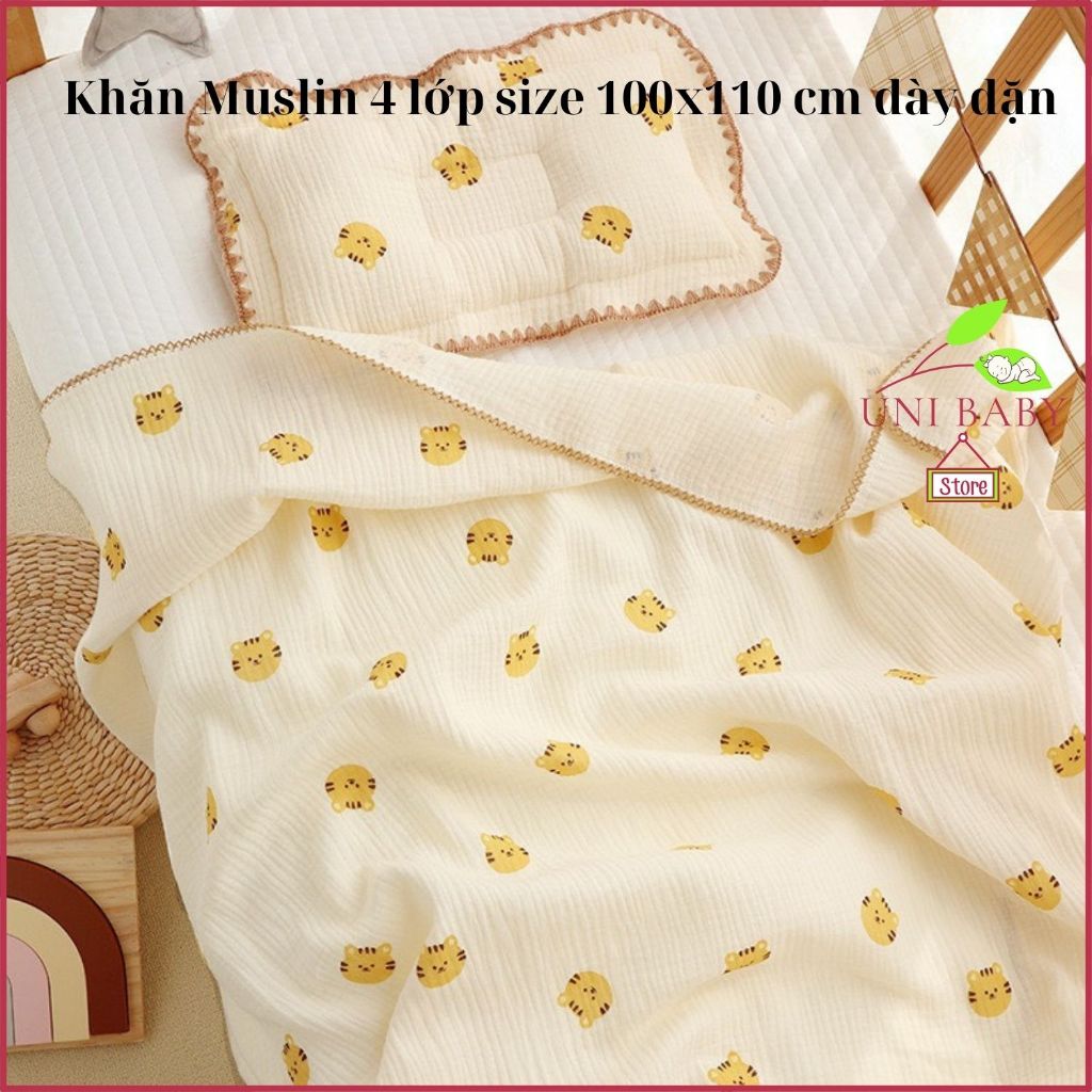 Khăn tắm muslin 4 lớp sợi tre mềm mại cho bé sơ sinh size lớn 100 x 110 cm Uni Baby A207