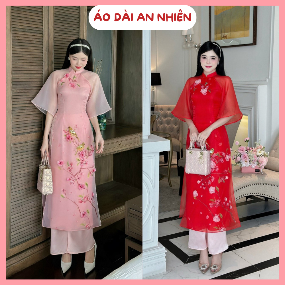 Áo dài cách tân nữ chất liệu tơ organza thiết kế 4 tà có lót lụa cát in 3D và đính kết thủ công - Áo dài An Nhiên - CT11