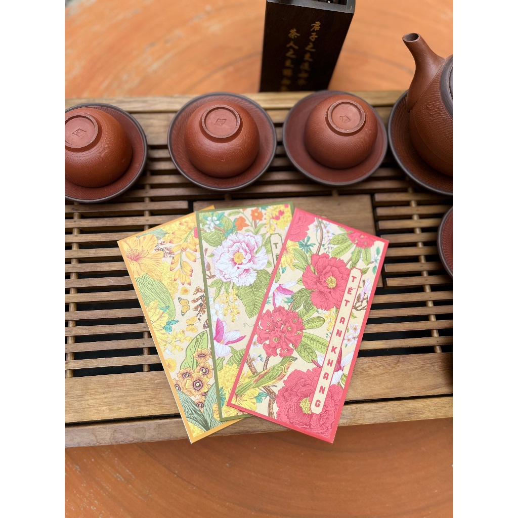 Sét 12 Bao Lì Xì Tết thiết kế đặc sắc - Hình hoa lá tài lộc phú quý - Giấy C150 cán mờ in sắc nét
