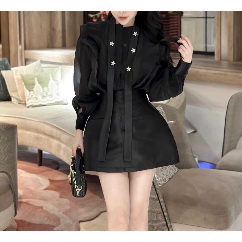 Sét bộ áo tơ voan đính dây đá kèm chân váy dáng A tapta  sét bộ tiểu thư Bigsize KN từ 50kg đến 100kg M/L/XL/XXL