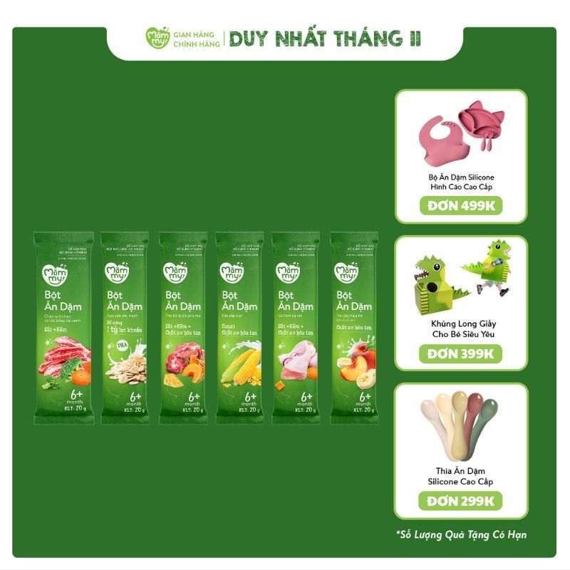 Bột ăn dặm Mămmy đầy đủ cho bé gồm bột sữa yến mạch, sữa bắp non, trái cây mùa hè, cháo sườn heo, thịt bò và gà hầm - tú