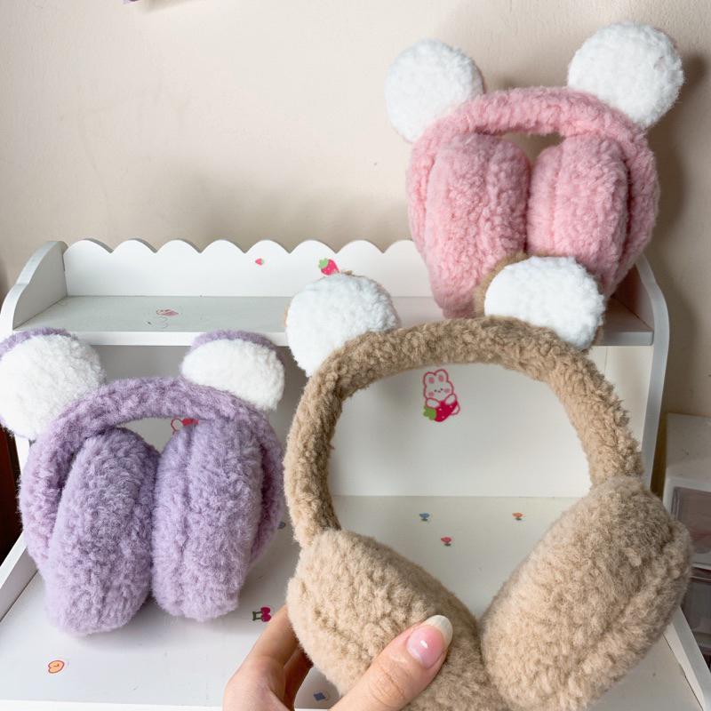 Bịt tai giữ ấm mùa đông tai gấu cute, bịt tai lót lông có thể gấp gọn, chụp che tai lông cừu phong cách Hàn Quốc