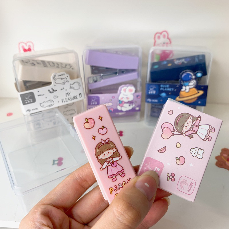 Dập ghim học sinh mini, ghim bấm giấy màu pastel, chắc chắn, tặng kèm hộp ghim dành cho học sinh