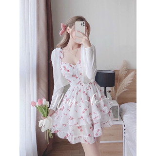 Set áo khoác kèm đầm voan hoa đầm nữ dễ thương