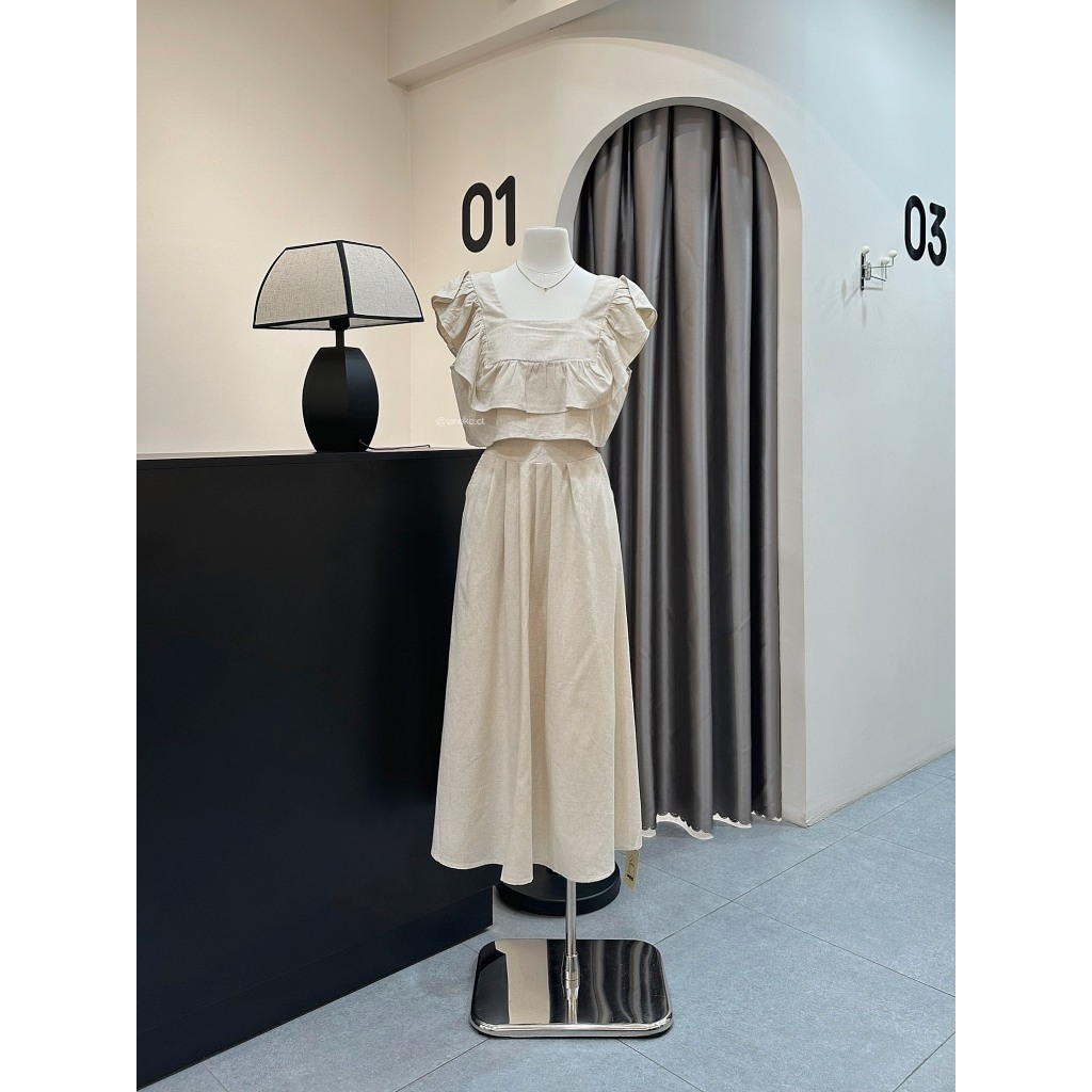 Set linen nude áo bèo vuông + chân váy dài Laneko