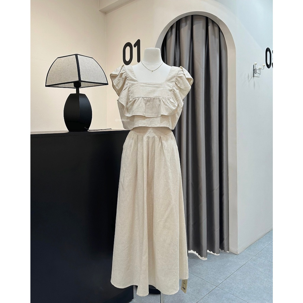 Set linen nude áo bèo vuông + chân váy dài Laneko