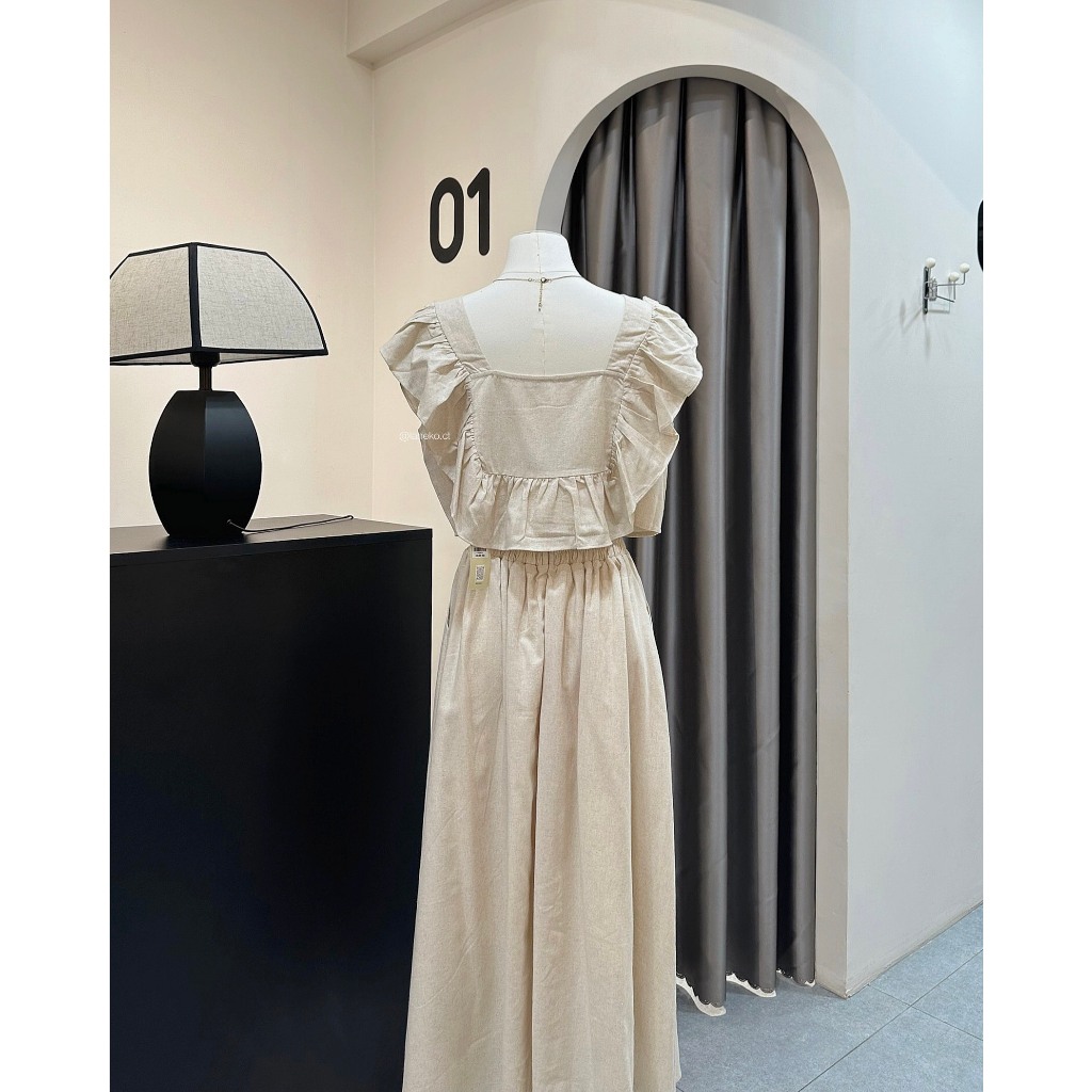 Set linen nude áo bèo vuông + chân váy dài Laneko
