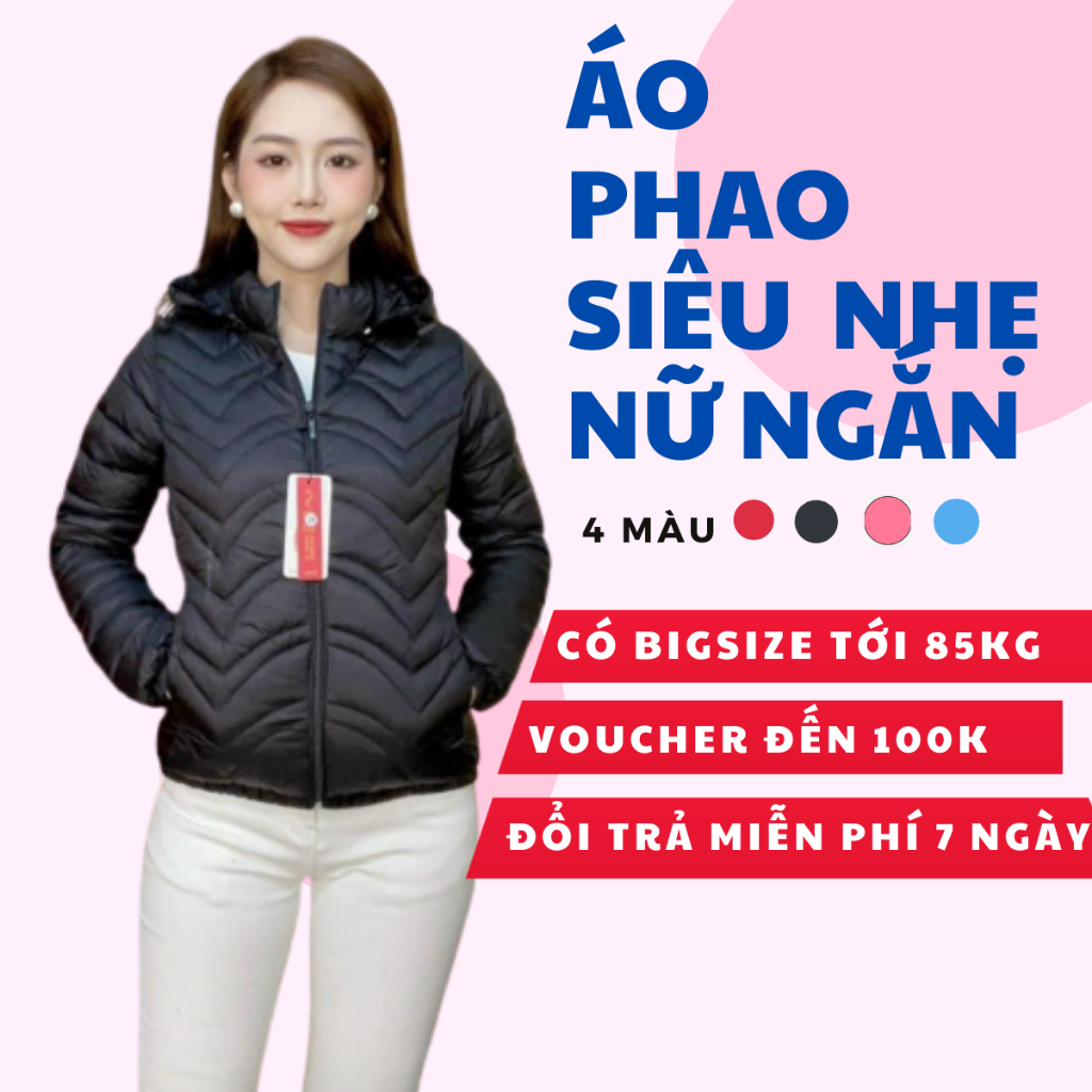 Áo Phao Nữ Siêu Nhẹ, Áo Khoác (Có Bigsize) Có Mũ Chống Nước Cản Gió Trần ngang dáng ngắn hàng VNXK, Mã: C1