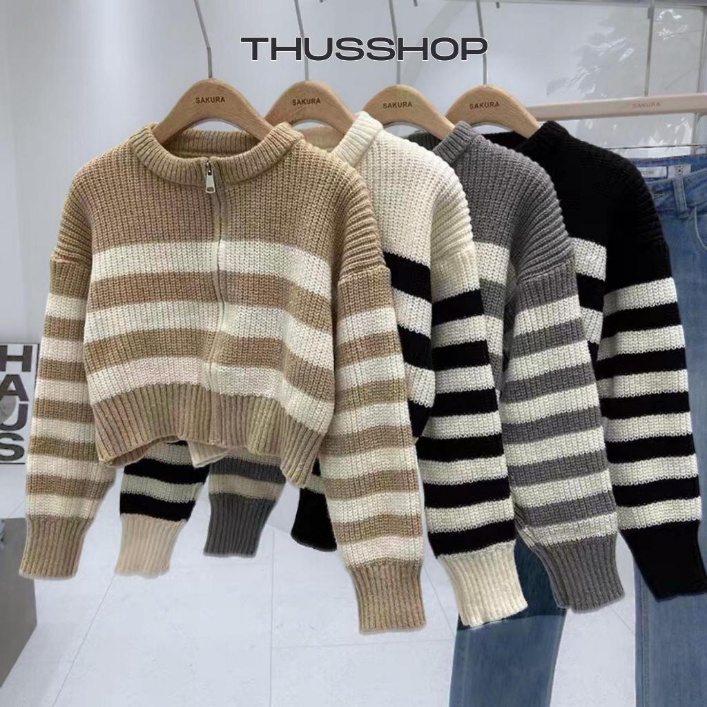 Áo Len Kẻ Ngang Khóa Kéo Dáng Croptop Dài Tay THUS, Áo Khoác Len Kiểu CRT BIGSIZE Hàng Cao Cấp Chuẩn QC THUS050