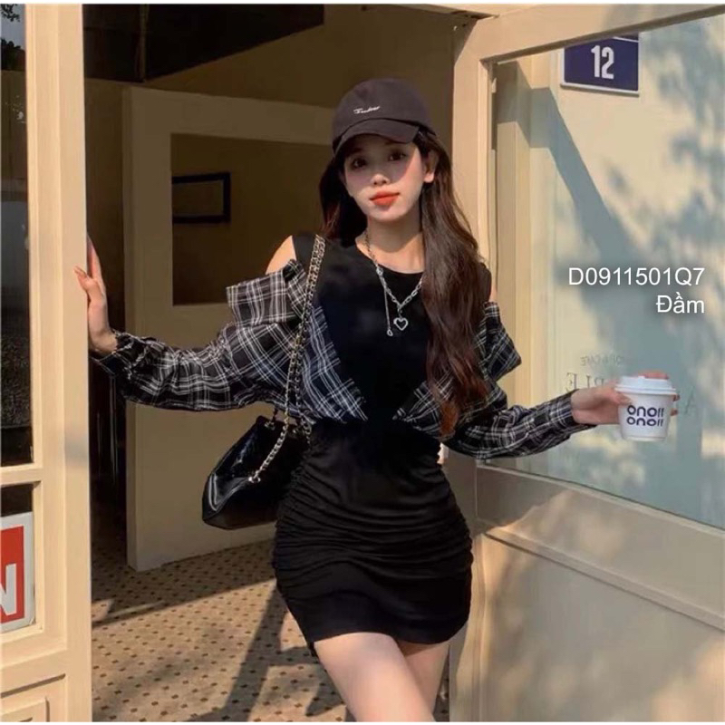 Đầm body đen phối áo sơ mi kẻ caro liền thân hở vai 2 bên tay dài 1123 thaotranshop90 [kèm ảnh thật chụp sàn]