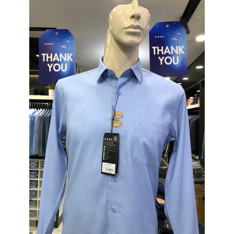 Áo sơ mi owen dài tay màu xanh nhạt melange regular fit vải sồi AR230282DT