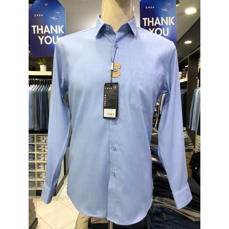Áo sơ mi owen dài tay màu xanh nhạt melange regular fit vải sồi AR230282DT