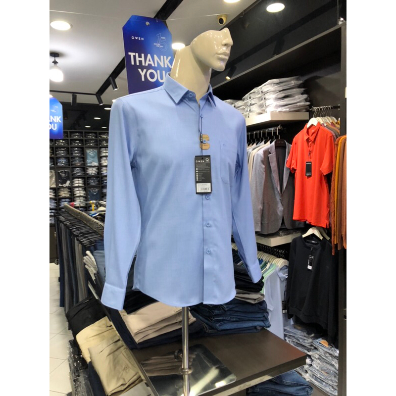 Áo sơ mi owen dài tay màu xanh nhạt melange regular fit vải sồi AR230282DT