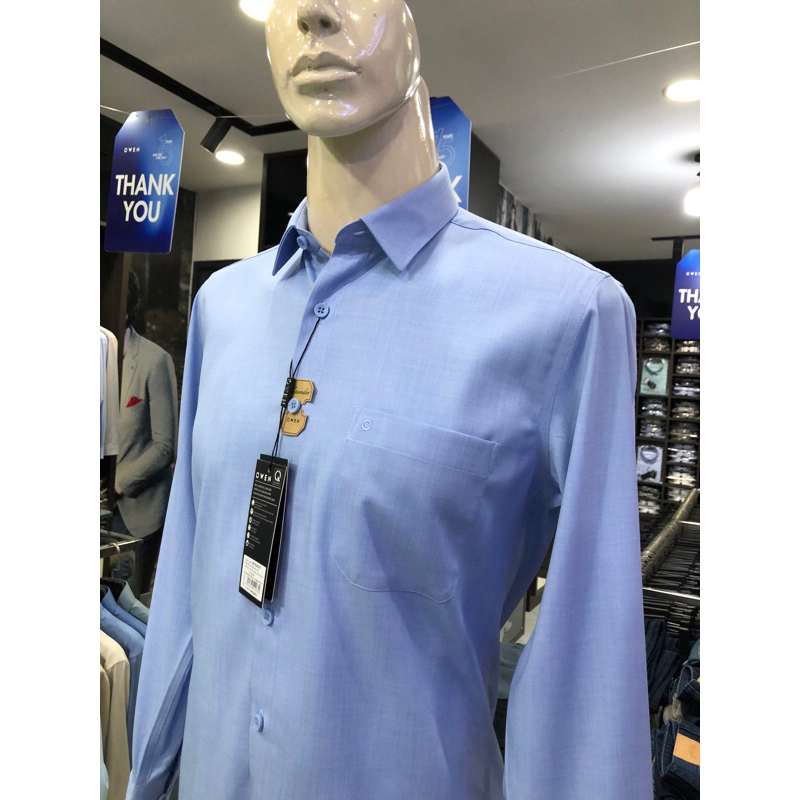 Áo sơ mi owen dài tay màu xanh nhạt melange regular fit vải sồi AR230282DT