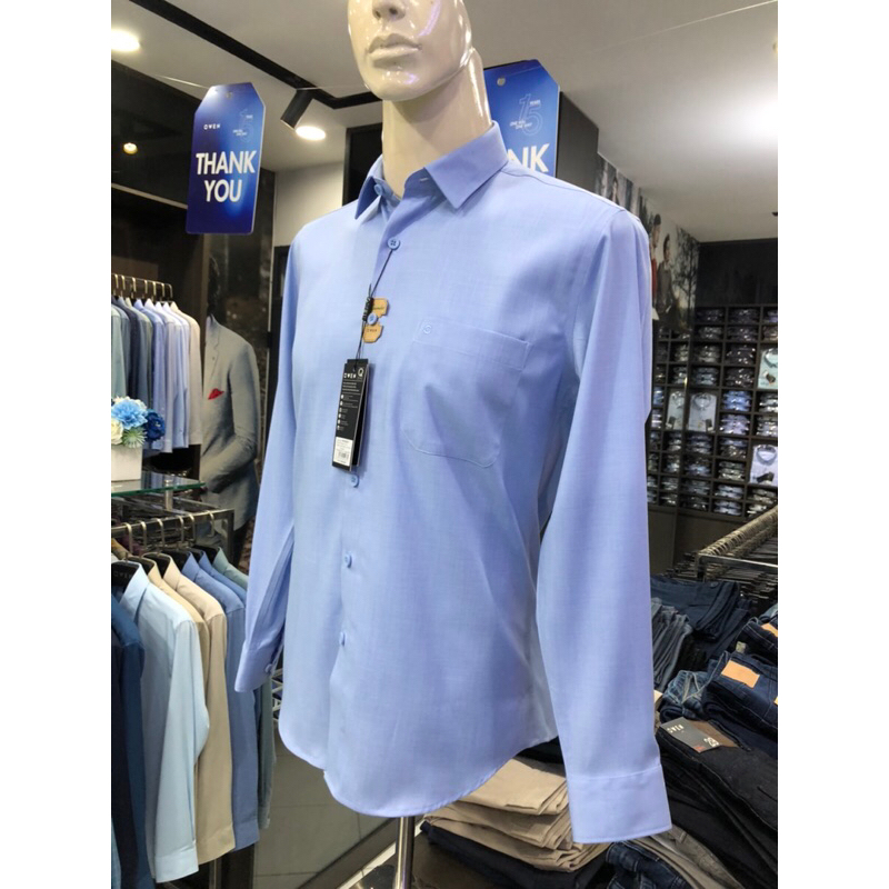 Áo sơ mi owen dài tay màu xanh nhạt melange regular fit vải sồi AR230282DT