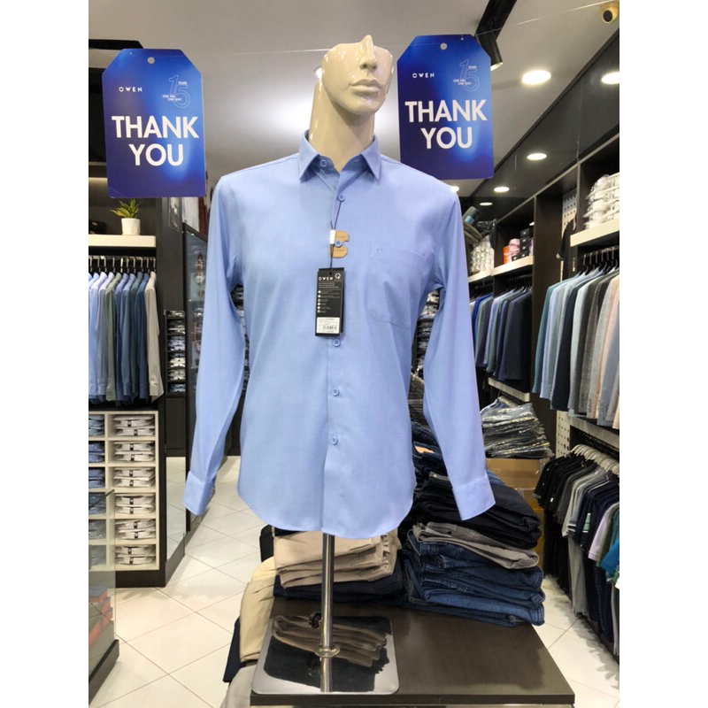 Áo sơ mi owen dài tay màu xanh nhạt melange regular fit vải sồi AR230282DT